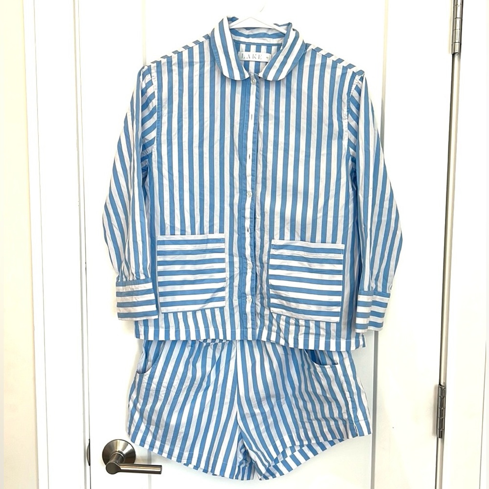 Lake Pajama Poplin Striped Blue Short Set